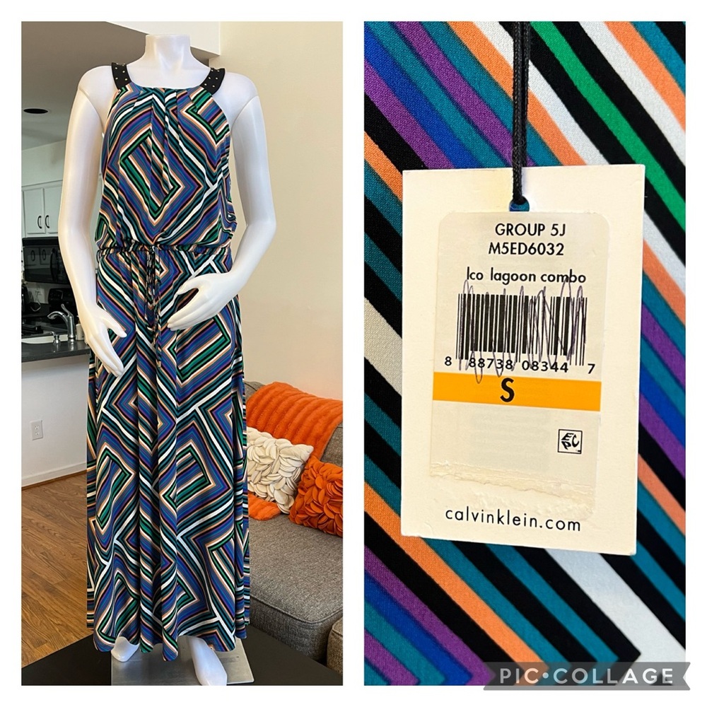 ❣️🆕Calvin Klein Lagoon Combo Studded Neckline Maxi Dress❣️